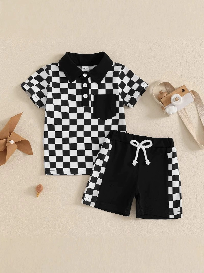 presale BSSO1473 Baby Boys Black Plaid Button Pocket Top Short Set D 3.28
