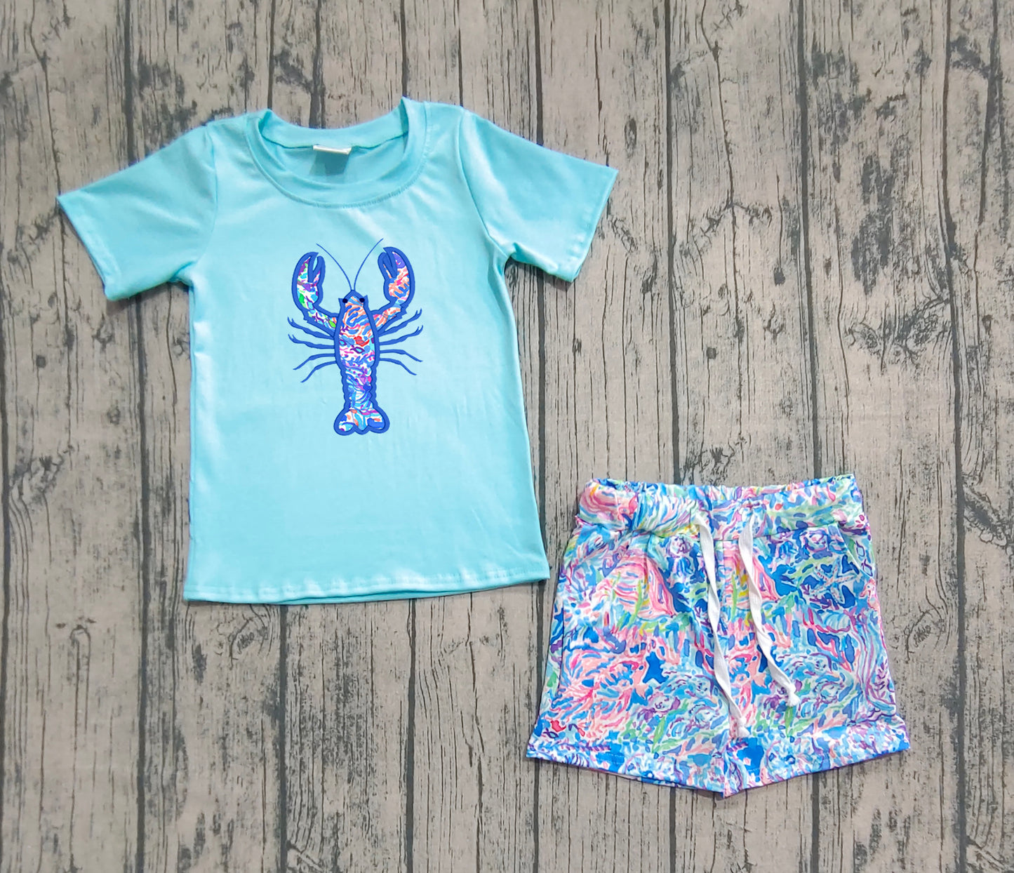 BSSO1479 Crayfish Blue Top Seaweed Shorts Boys Summer Clothes Set D 7.4