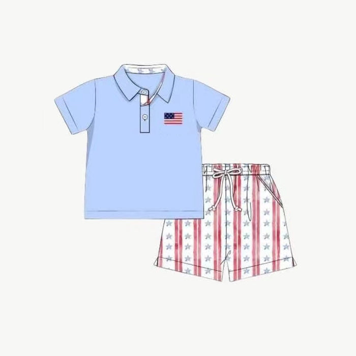 presale BSSO1480 Flag Polo Blue Top Stars Shorts Boys 4th of July Clothes Set D 3.29