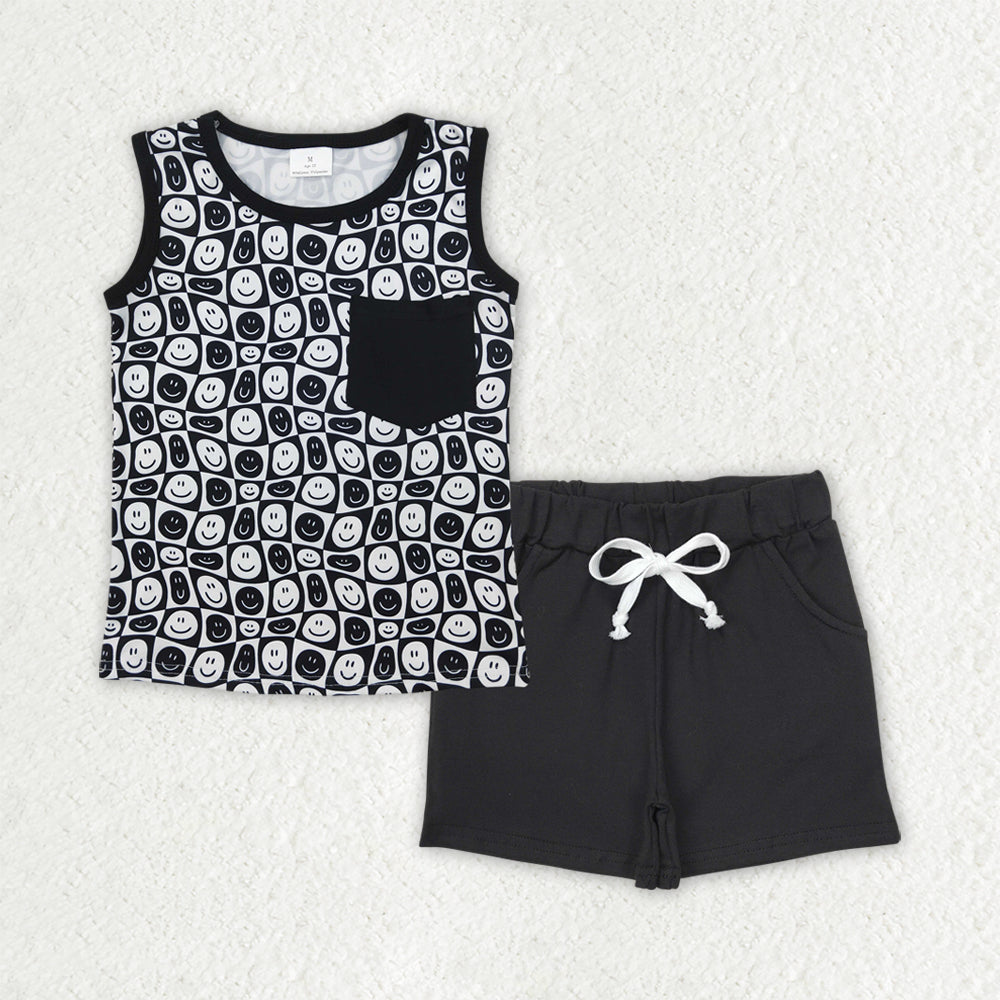 BSSO1483 Baby Boys Black Happy Face Pocket Top Pockets Short Sets D 4.3