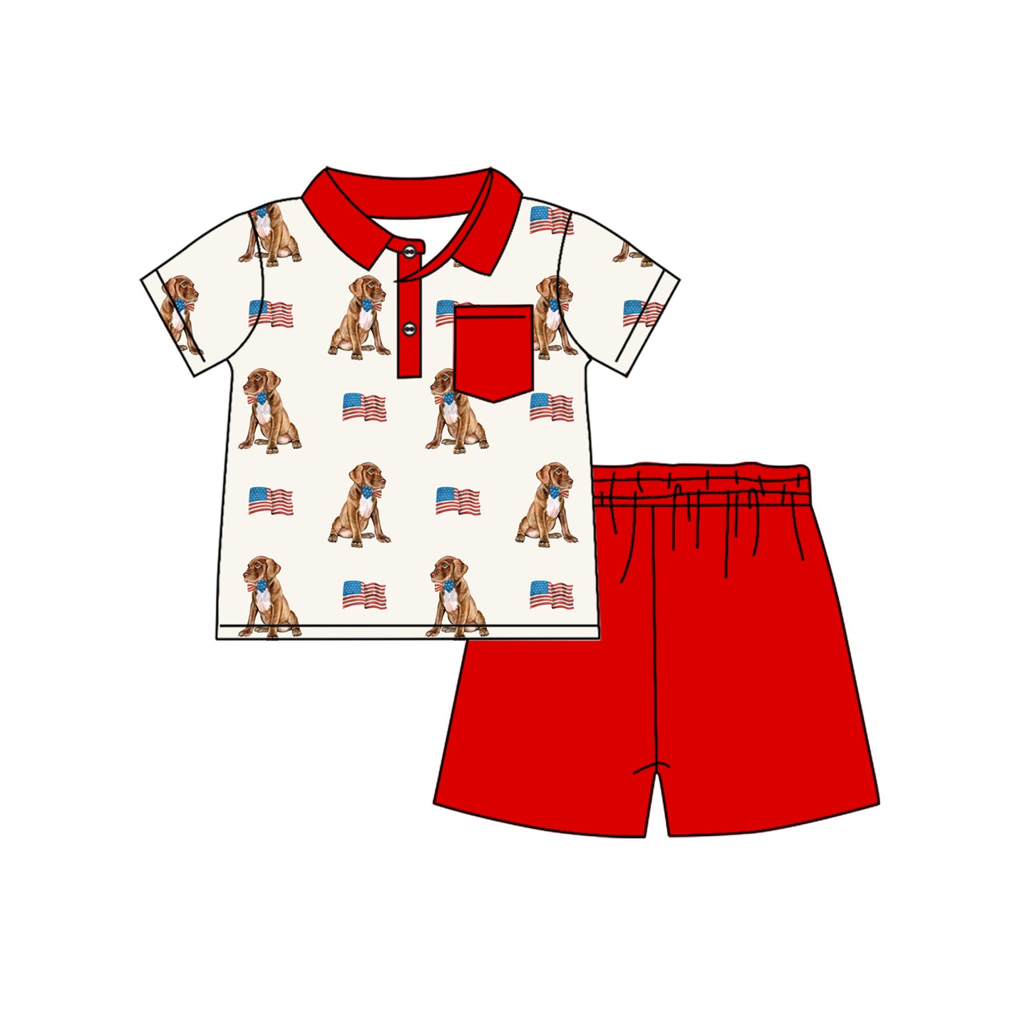 presale BSSO1488 Dog Flag Polo Top Red Shorts Boys 4th of July Clothes Set D 6.17