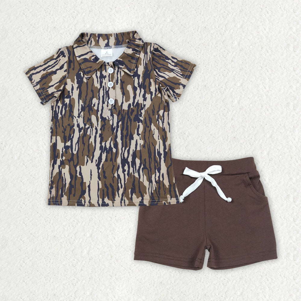 BSSO1489 Brown And green Camo Collar Beige Short Sleeve Brown Pocket Shorts Suit D 4.4