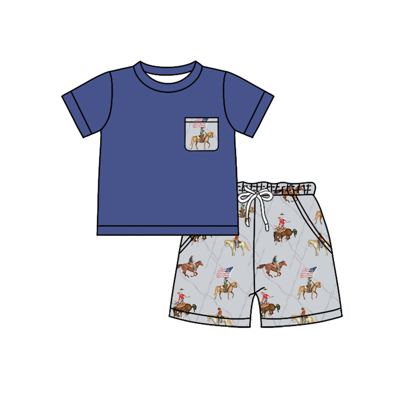 presale BSSO1498 Baby Boys Hot Blue Short Sleeves Pocket Top Horse Rodeos Pockets Short Set D 4.7