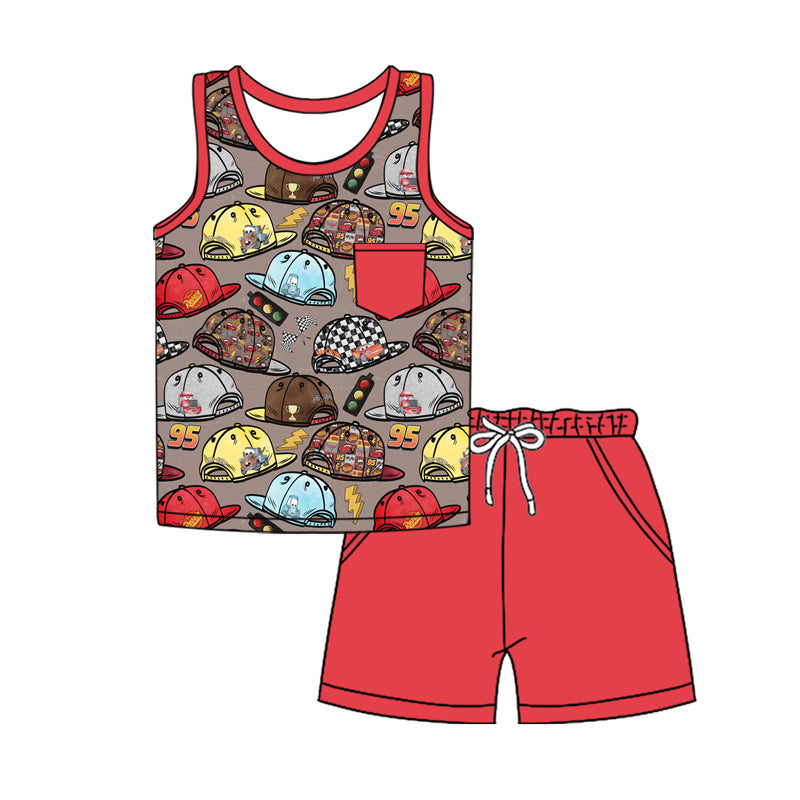 presale BSSO1499 Baby Boys Red Sleeveless Cartoon Hats Pocket Top Pockets Short Set D 4.7