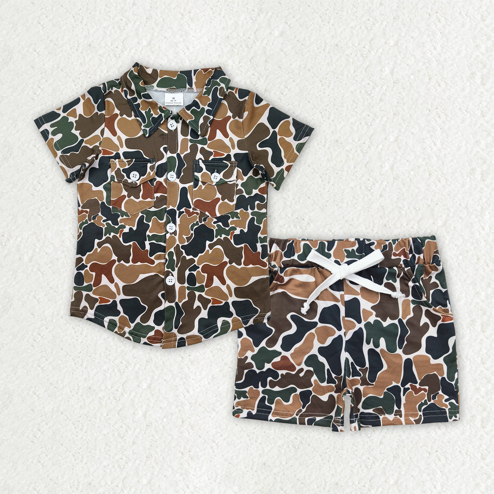 BSSO1512 Baby Boys Brown Camouflage Button Pockets Shirts Top Shorts Sets D 4.14
