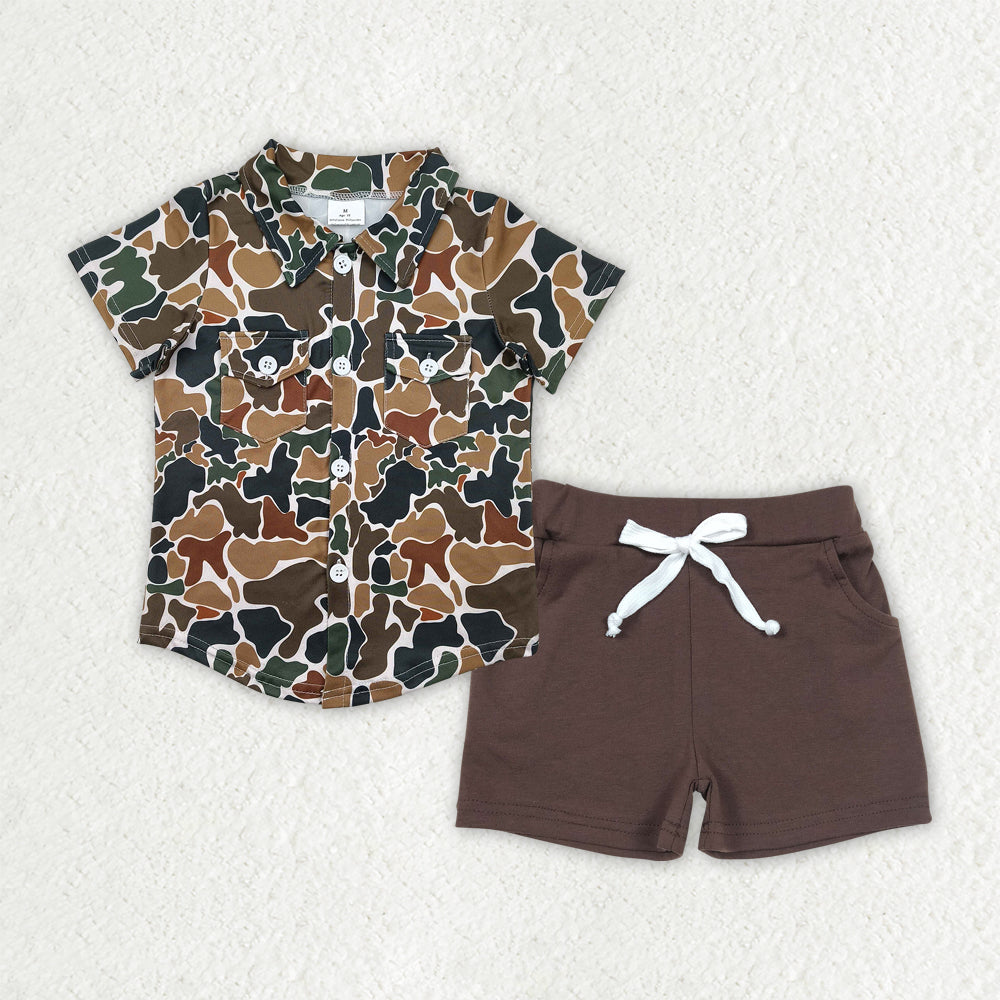 BSSO1513 Baby Boys Brown Camouflage Button Pockets Shirts Top Cotton Shorts Sets D 4.14