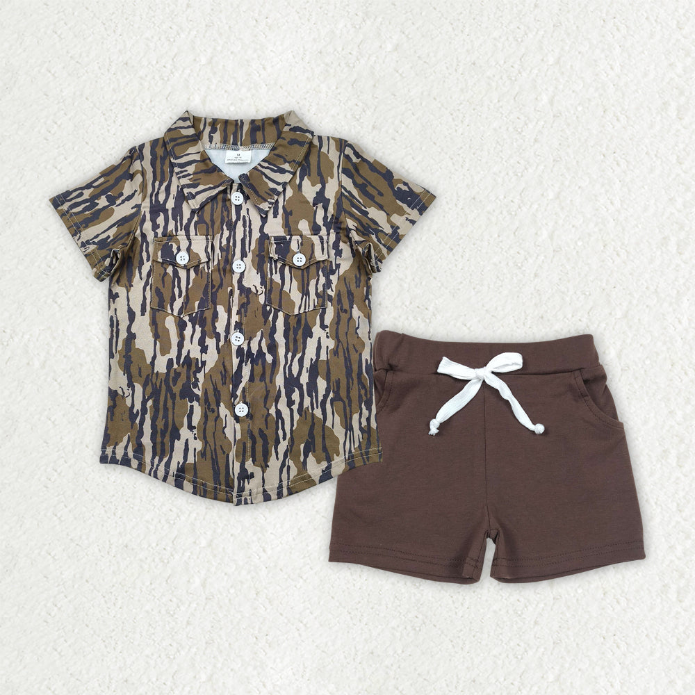 BSSO1514 Baby Boys Camo Button Pockets Shirts Top Brown Cotton Shorts Sets D 4.14