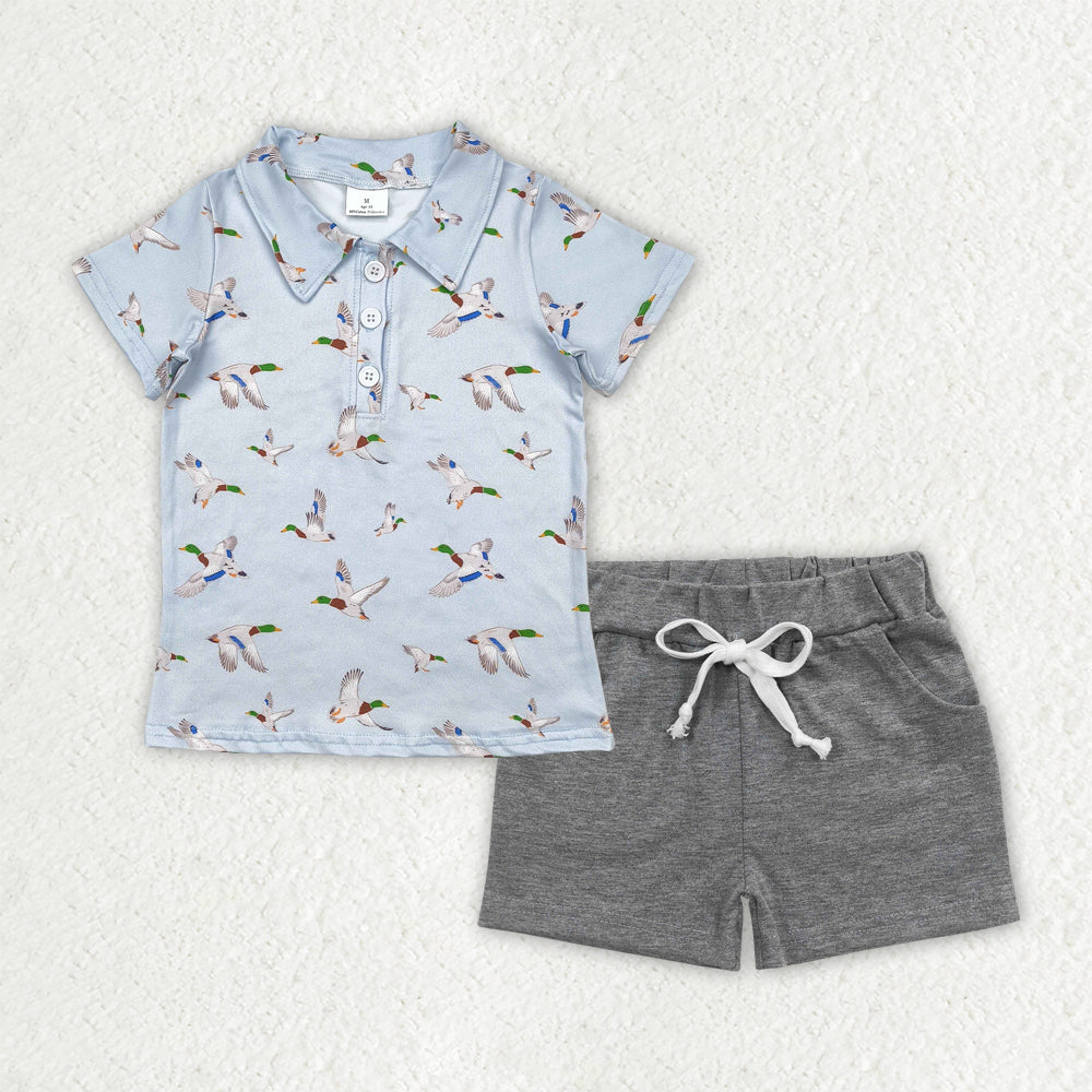 BSSO1523 Baby Boys Blue Ducks Button Polo Shirts Top Gray Pockets Shorts Sets D 4.21
