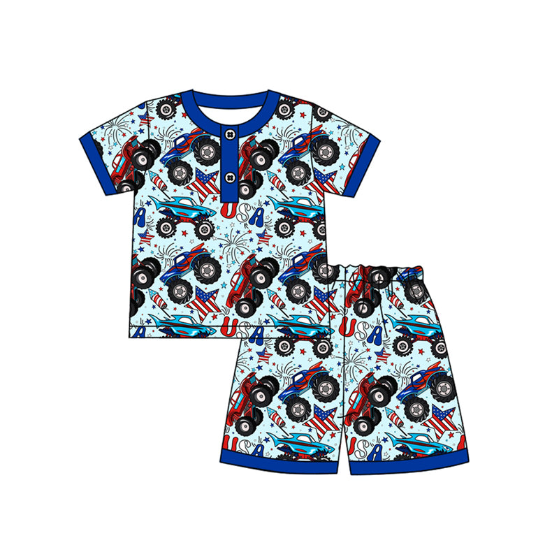 presale BSSO1525 Baby Boys Blue Short Sleeves Button Firework Stars Top Short 4th Of July Pajamas Set D 4.21