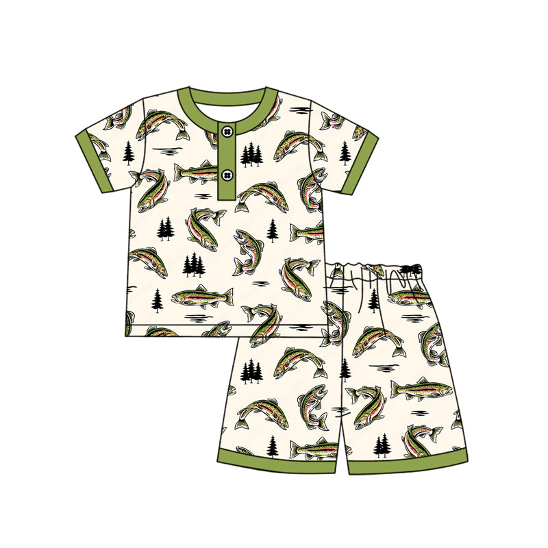 presale BSSO1528 Baby Boys Green Short Sleeves Fishes Button Top Short Pajamas Hunting Set D 4.24