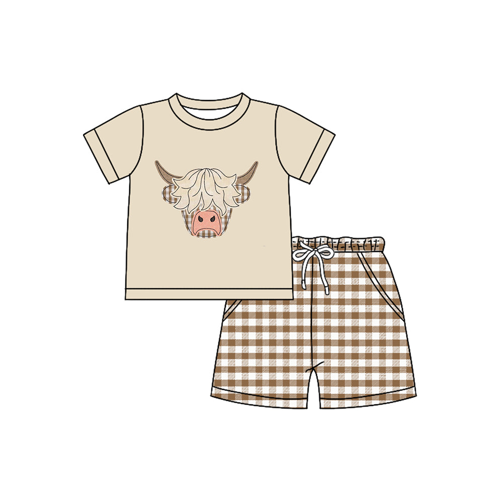 presale BSSO1536 Baby Girls Khaki Short Sleeves Highland Cows Top Pockets Plaid Short Set D 5.23