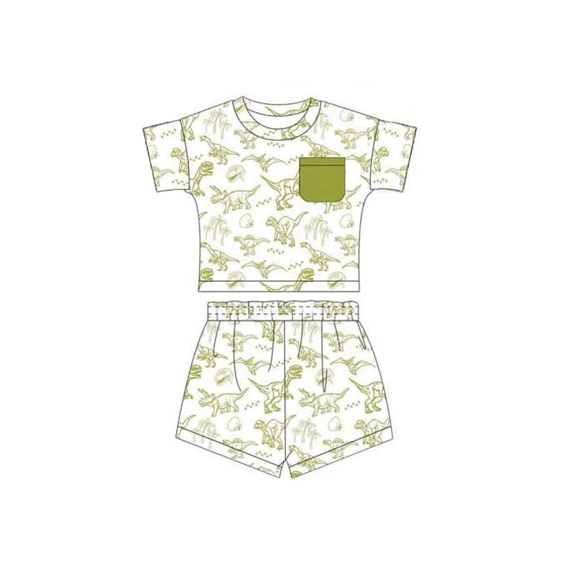 presale BSSO1538 Baby Boys Short Sleeves Green Dinosaurs Pocket Top Short Western Pajamas Set D 5.29