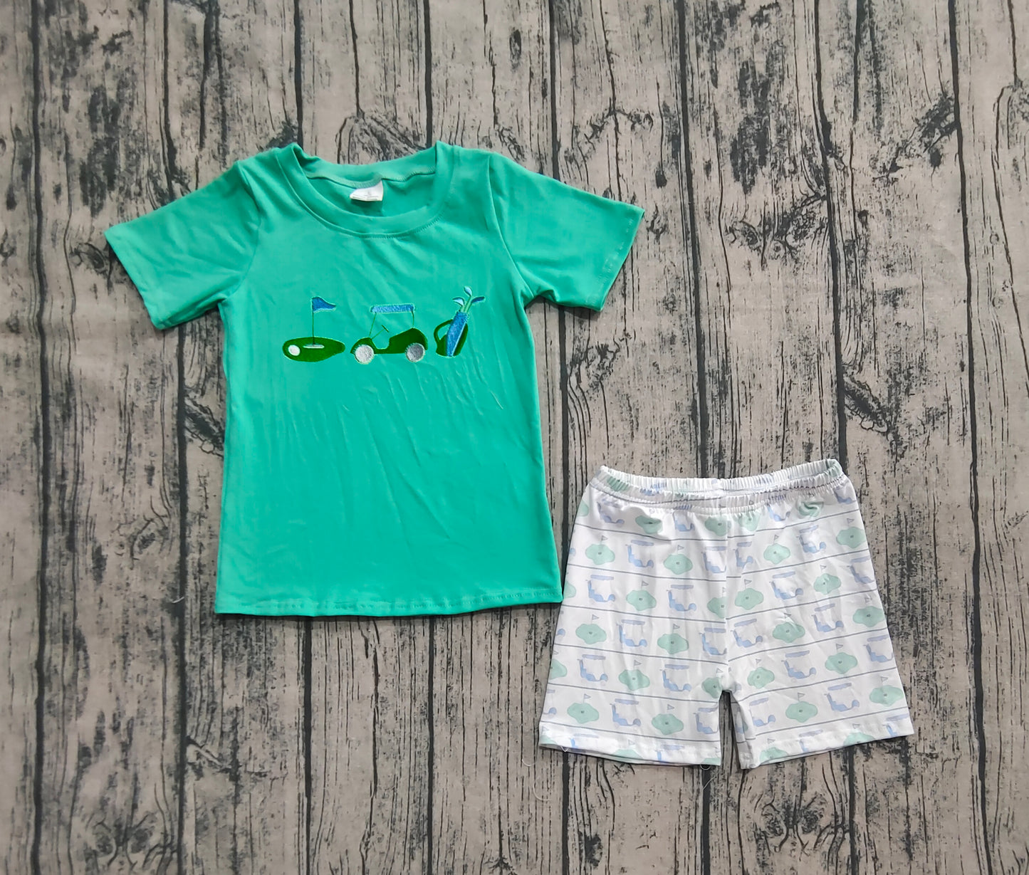 BSSO1540 Embroidery Baby Boys Green Short Sleeves Golf Truck Top Short Set D 6.11