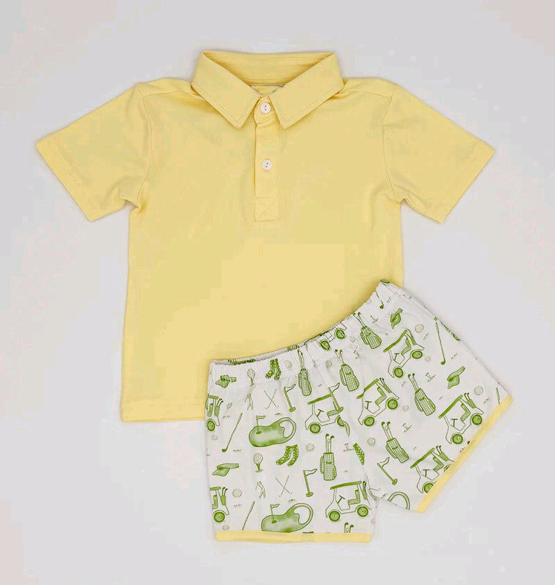 presale BSSO1546 Baby Boys Yellow Short Sleeves Button Shirts Top Golf Short Set D 6.10