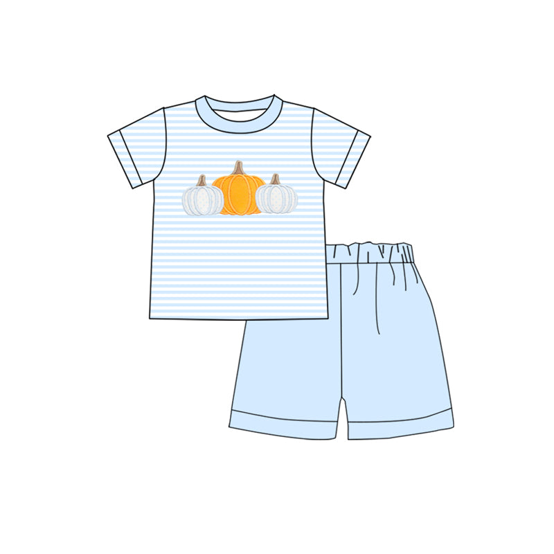 presale BSSO1548 Baby Boys Blue Stripes Pumpkins Top Shorts Fall Set D 7.29