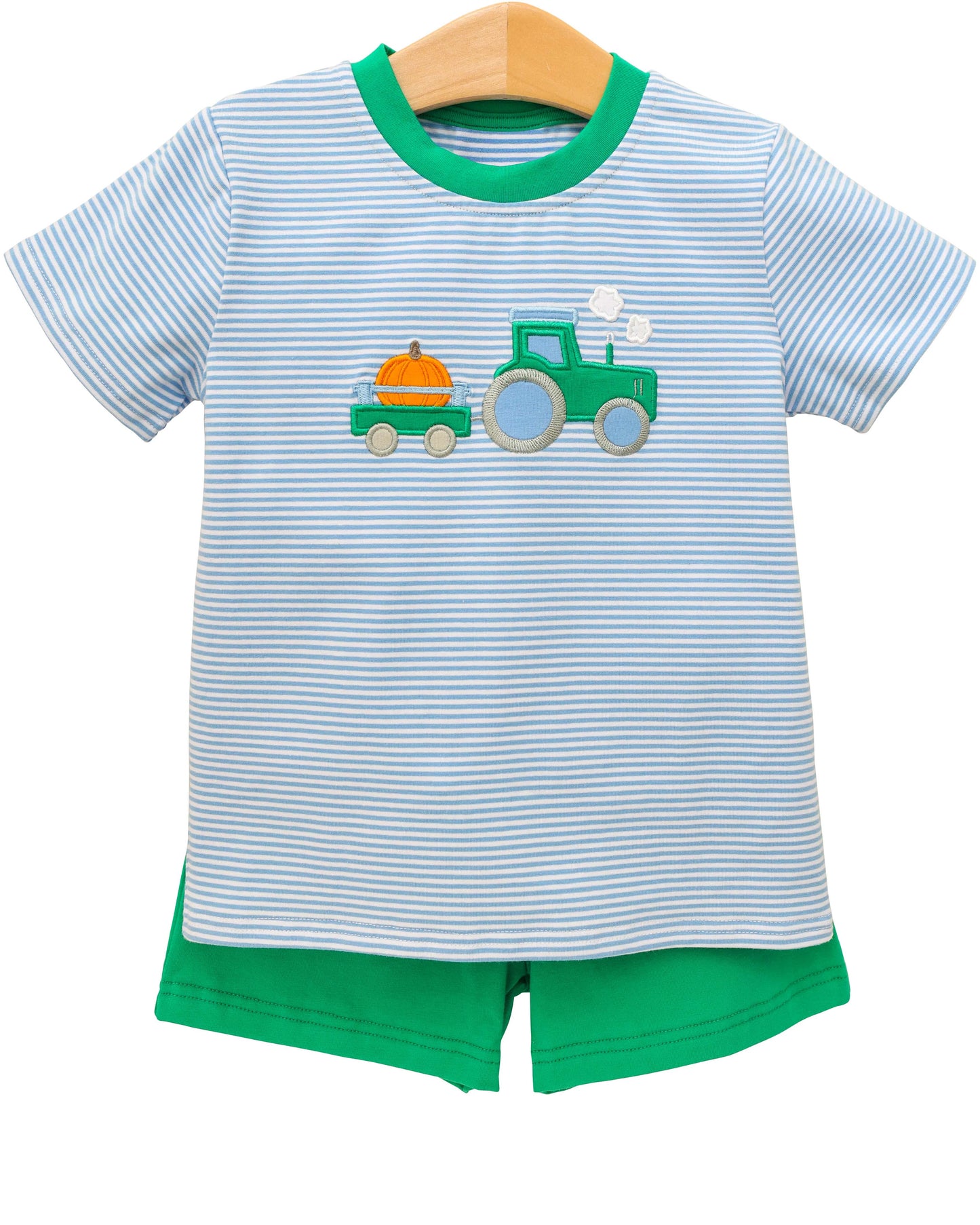 presale BSSO1549 Baby Boys Blue Stripe Truck Pumpkin Top Shorts Fall Clothes Set D 8.5