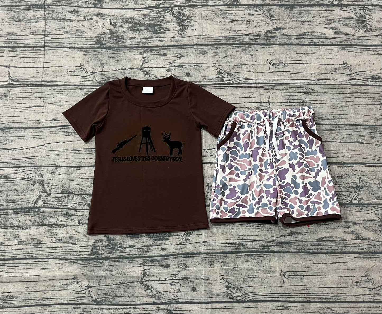 BSSO1562 Embroidery Jesus Love Me Deer Baby Boys Top Camo Pockets Shorts Hunting Clothes Sets D 1001