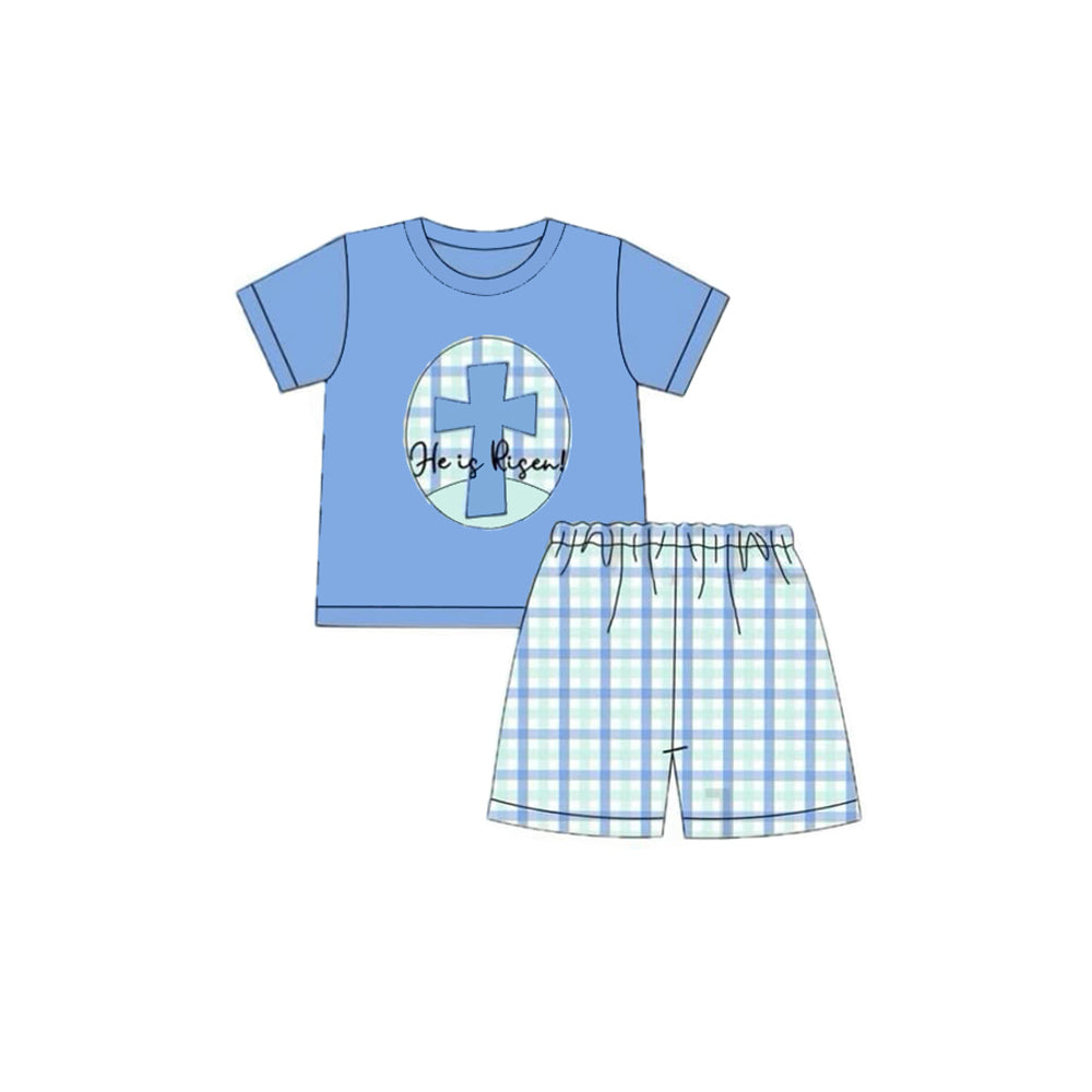 presale BSSO1566 Baby Boys Blue Cross Top Checked Shorts Easter Clothes Sets D 1007