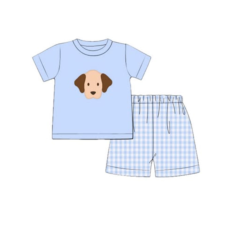 presale BSSO1572 Baby Boys Light Blue Short Sleeve Dogs Top Checked Shorts Clothes Sets D 1014