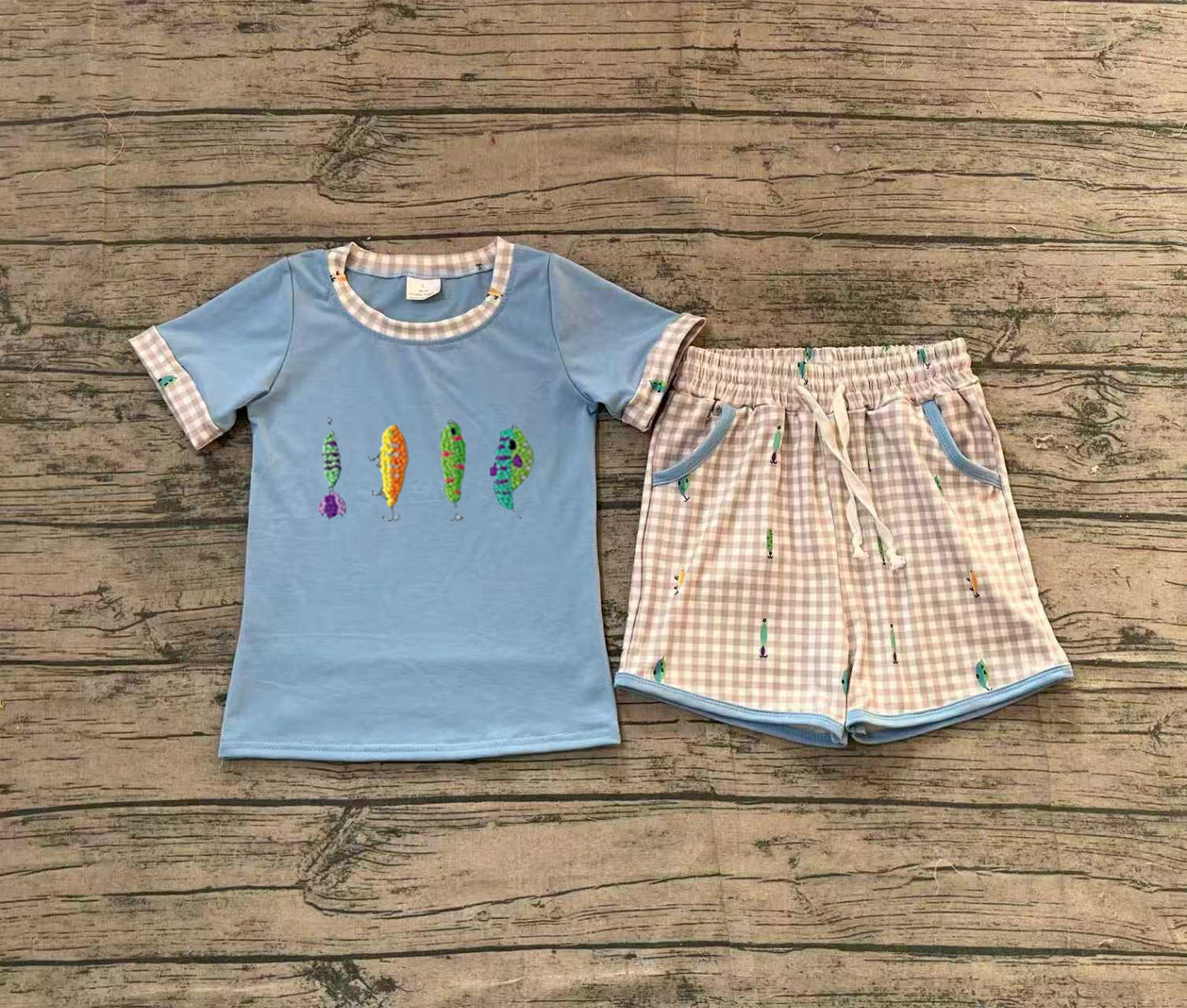 presale BSSO1617 Embroidery Fishing Baby Boys Top Checked Pockets Shorts Hunting Clothes Sets D 1205