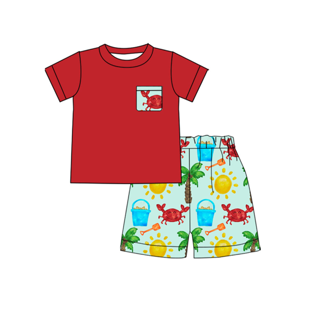presale BSSO1631 Baby Boys Red Pocket Top Crabs Beach Shorts Clothes Sets D 1107