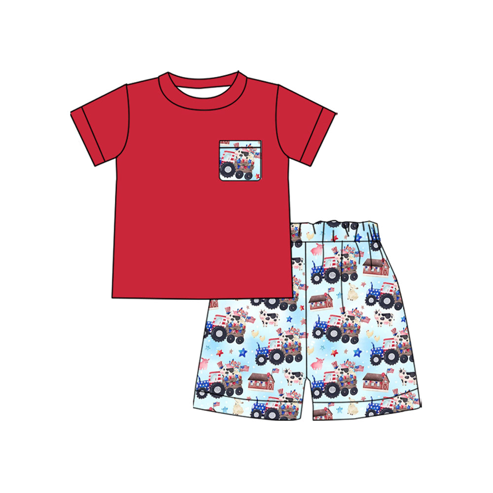 presale BSSO1647 Baby Boys Blue Red Trucks Stars Cows Pocket Top Shorts Farm July 4th Clothes Sets D 1128