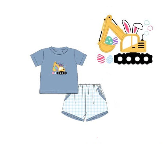 presale BSSO1648 Baby Boys Rabbit Excavators Top Pockets Checked Shorts Easter Clothes Set D 1128