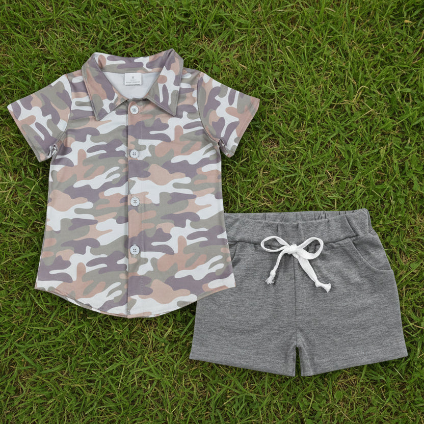 camo button t-shirt shorts set
