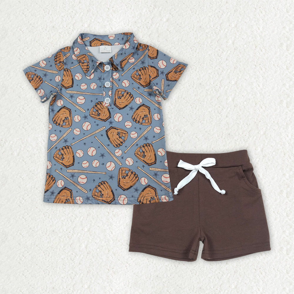 Baby Boys Baseball Button Polo Shirts with Brown Pockets And Shorts Team Outfit Set