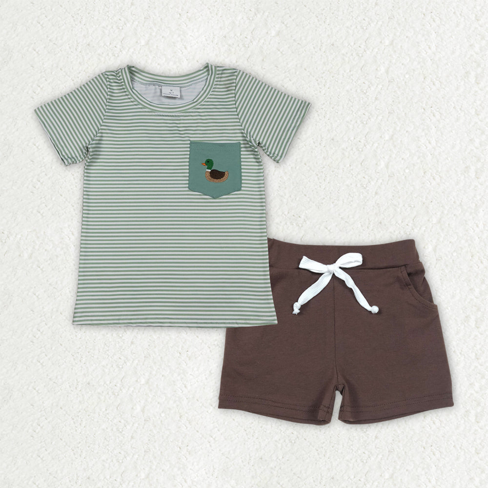 Baby Boys Green Stripe Embroidery Ducks Top with Pockets Shorts Hunting Themed Clothing Set for Babies
