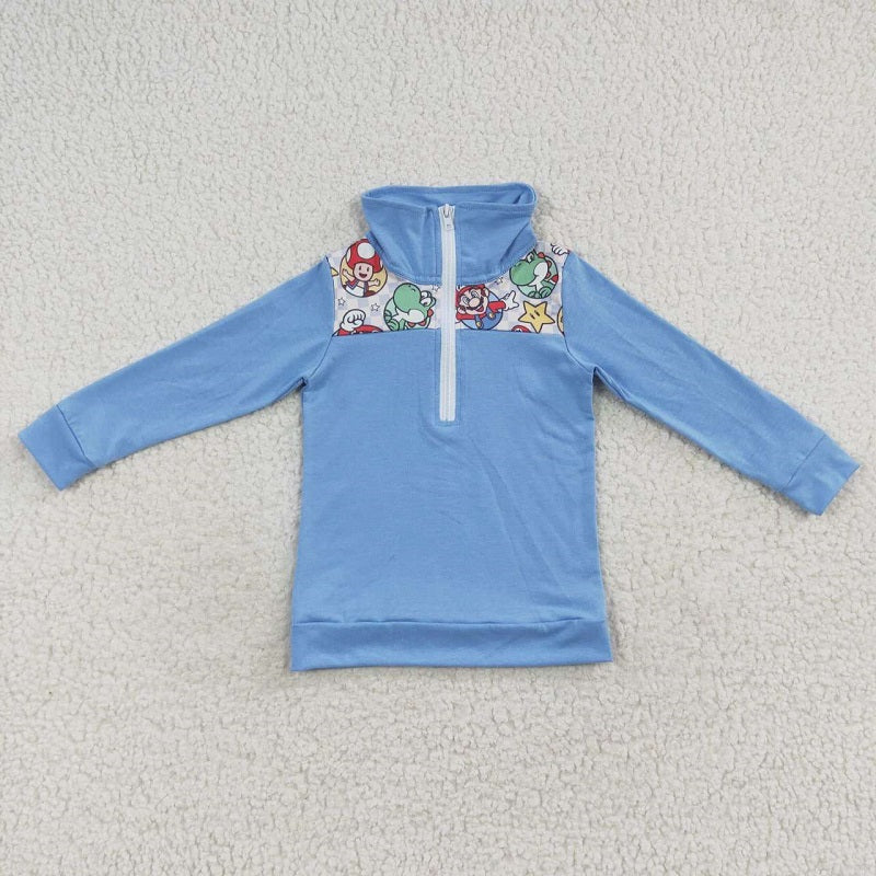 BT0265 Cartoon Dinosaur Light Blue Zipper Long Sleeve Top