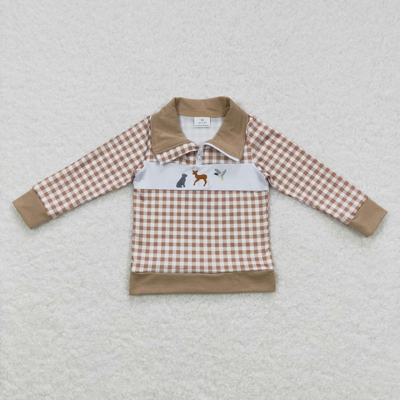 BT0345 Embroidered Dog Elk Mallard Khaki Plaid Zip Long Sleeve Top