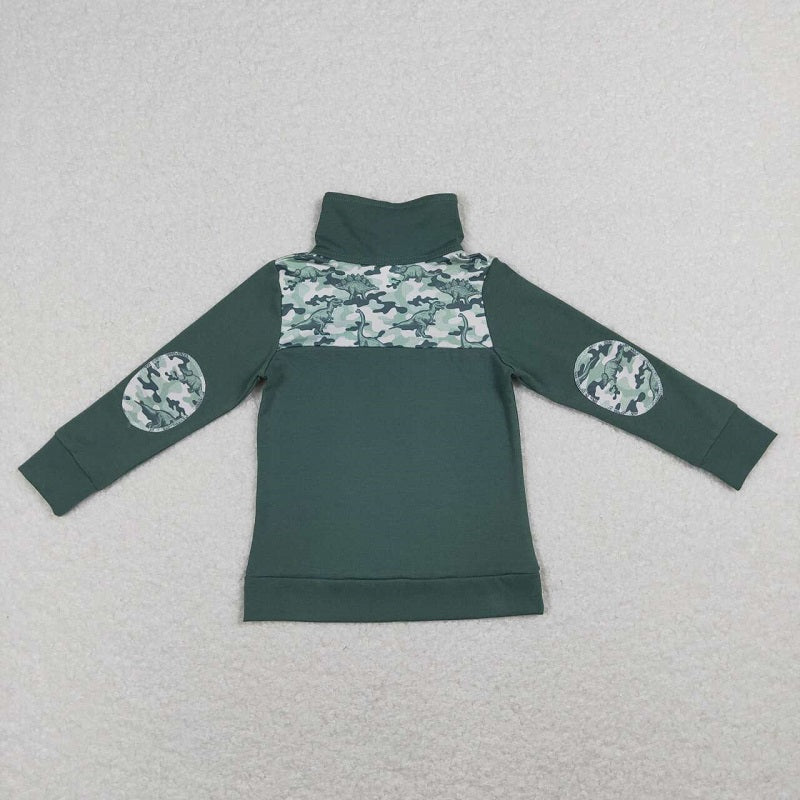 BT0381 Dinosaur dark green zippered long-sleeved top