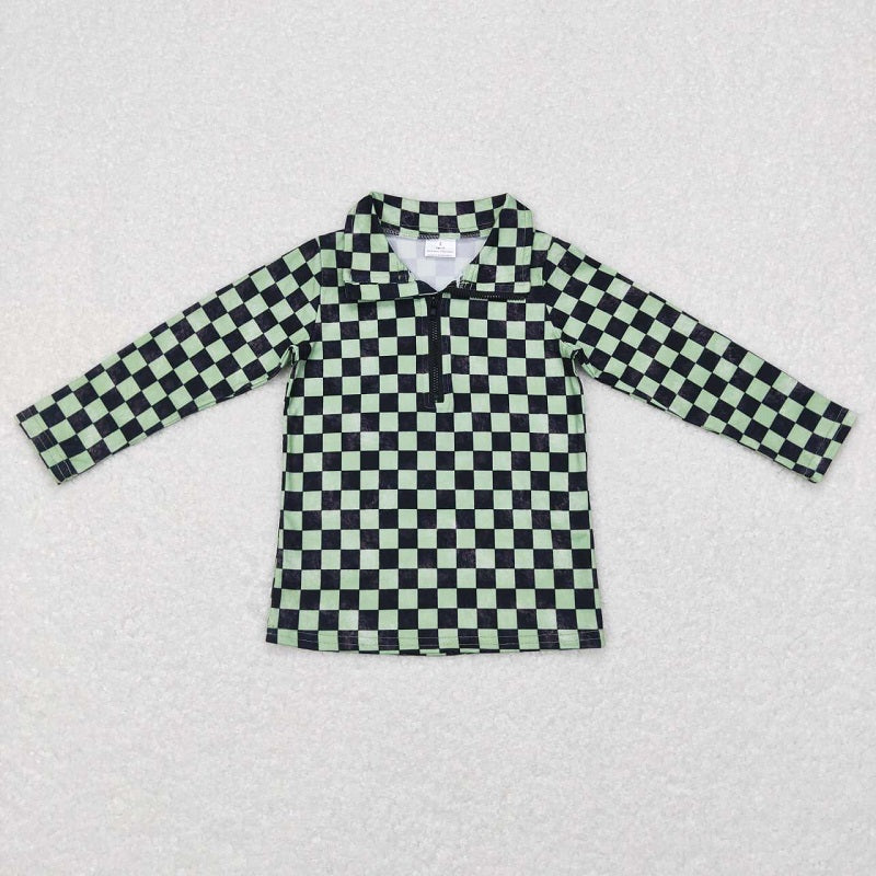 BT0399 Black and green plaid zipper long-sleeved top
