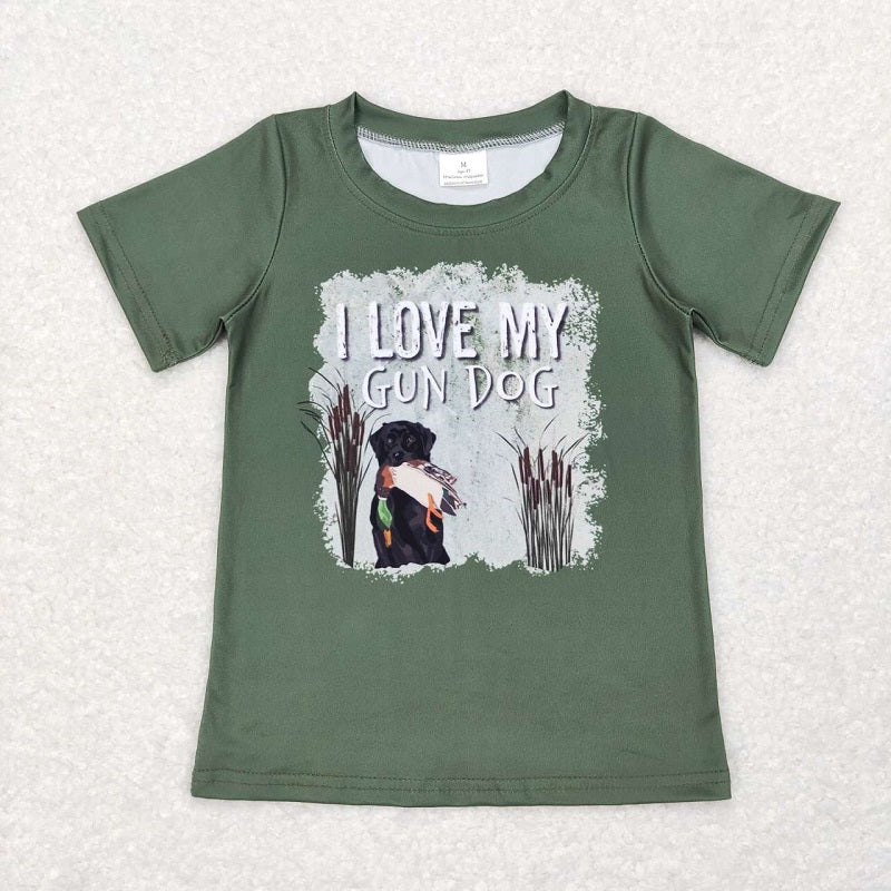 BT0413 love my gun dog green short-sleeved top