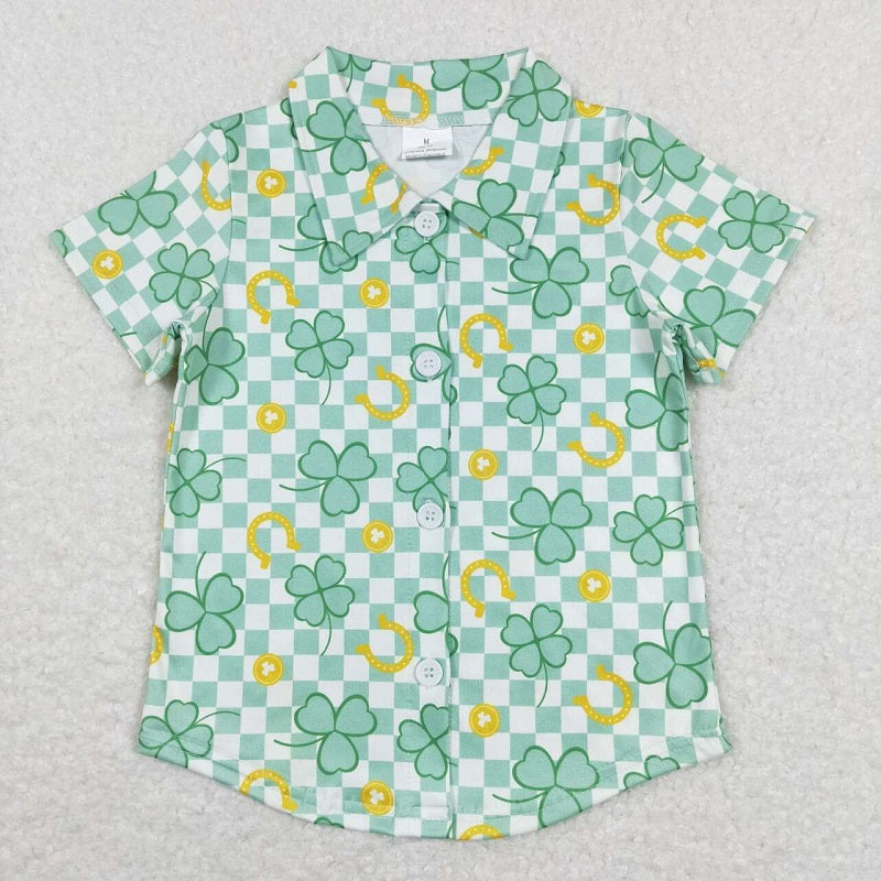 BT0543 Four-leaf clover green plaid button-down short-sleeved top
