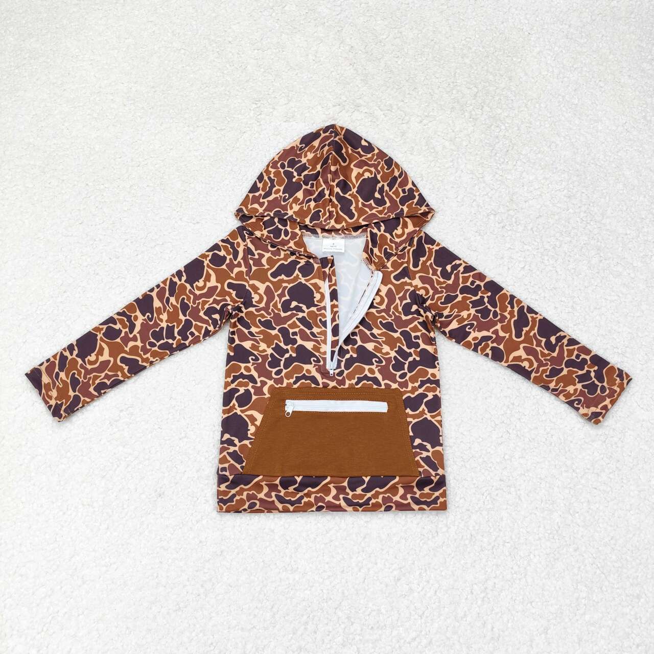BT0746 Brown Camouflage Zipper Pocket Hooded Long Sleeve Top