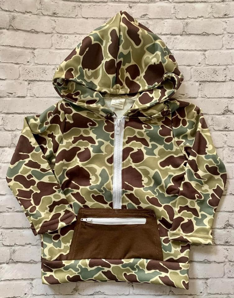 presale BT0747 Green Camouflage Zipper Pocket Hooded Long Sleeve Top
