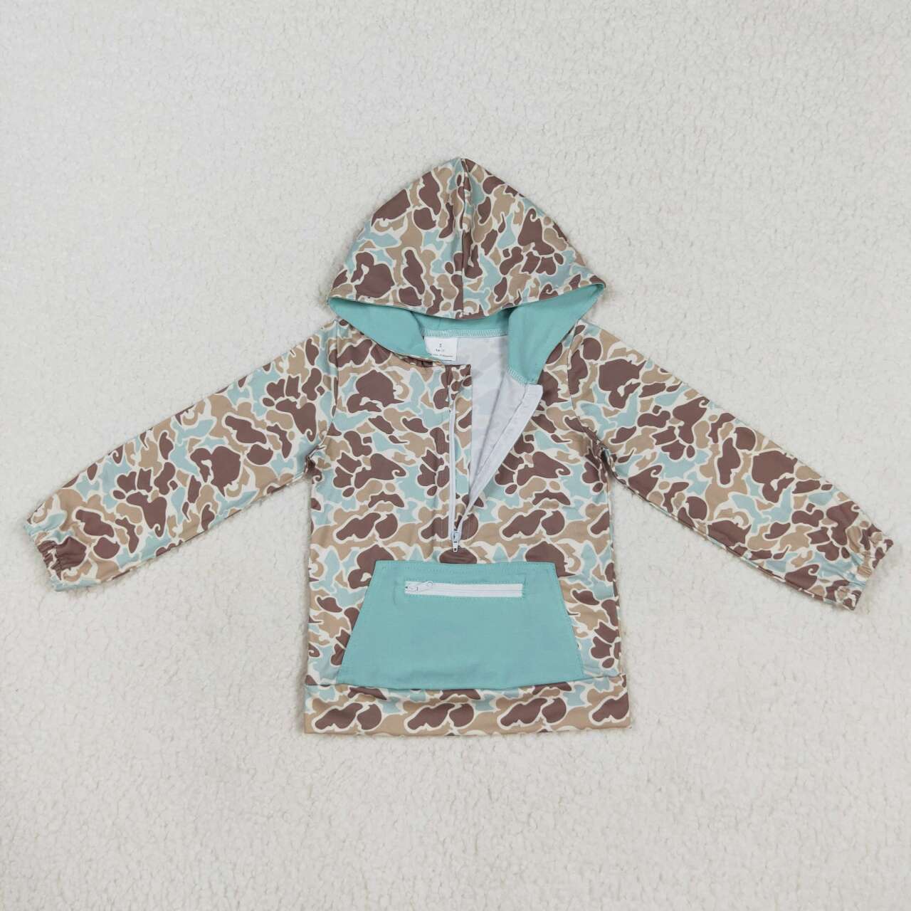 BT0751 Teal Camouflage Zipper Pocket Hooded Long Sleeve Top