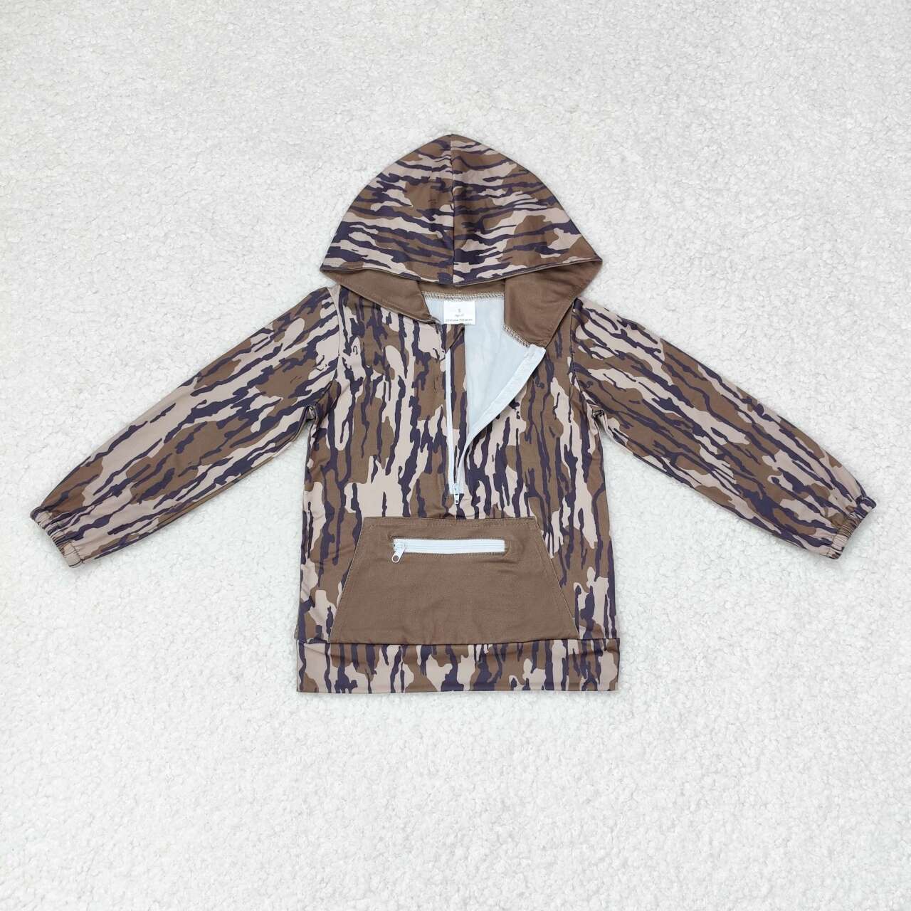 BT0753 Army Green Camouflage Zipper Pocket Hooded Long Sleeve Top