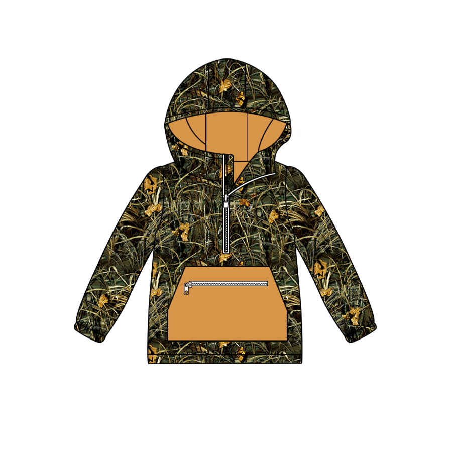 BT0755 Leaf Camouflage Zippered Orange Pocket Hooded Long Sleeve Top