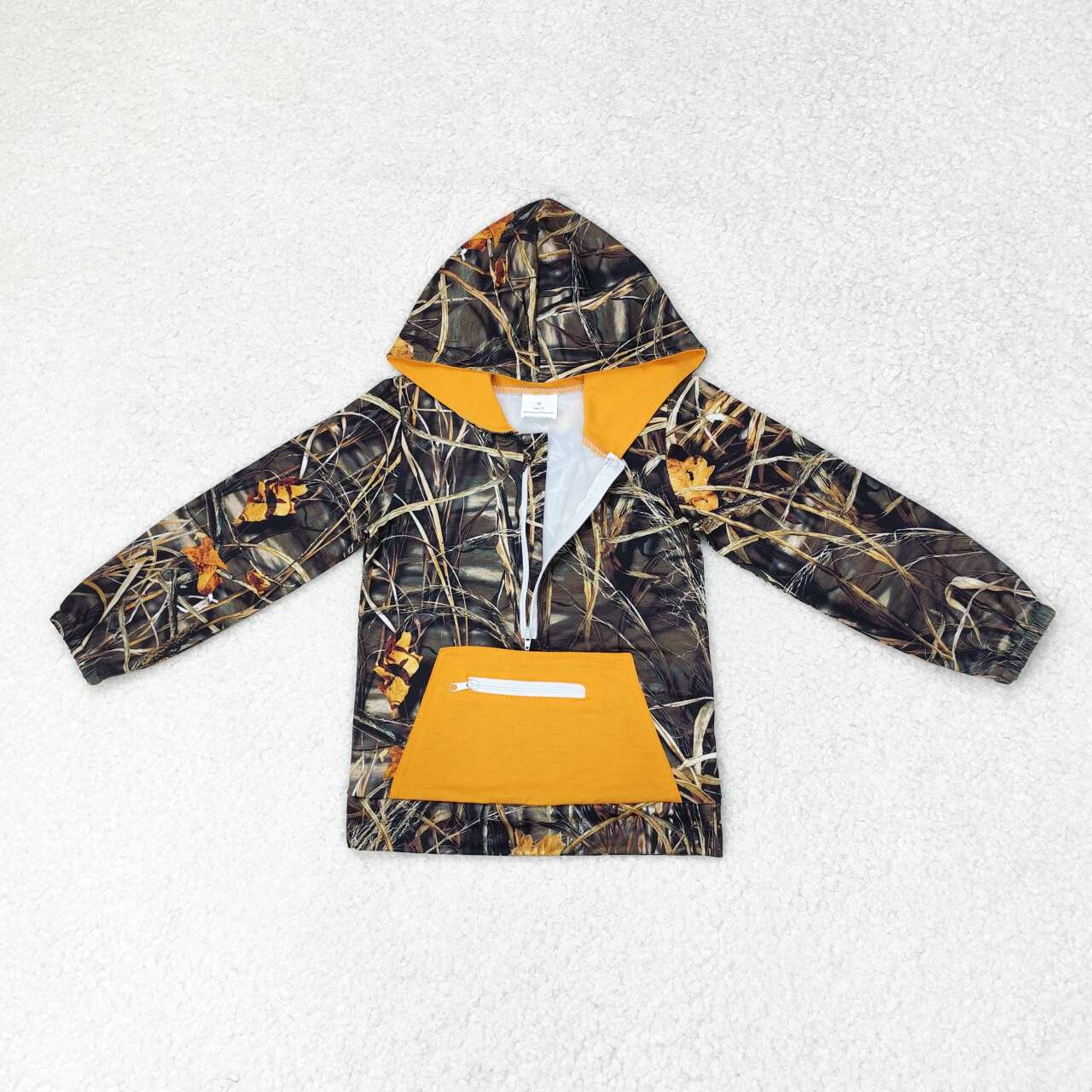 BT0755 Leaf Camouflage Zippered Orange Pocket Hooded Long Sleeve Top