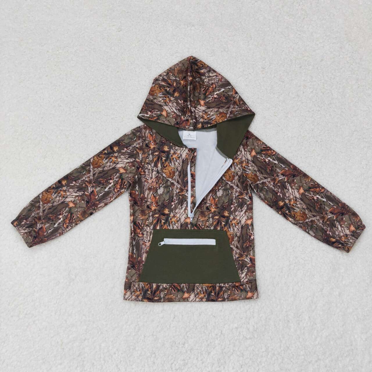 BT0756 Leaf and Branch Camouflage Zipper Pocket Hooded Long Sleeve Top