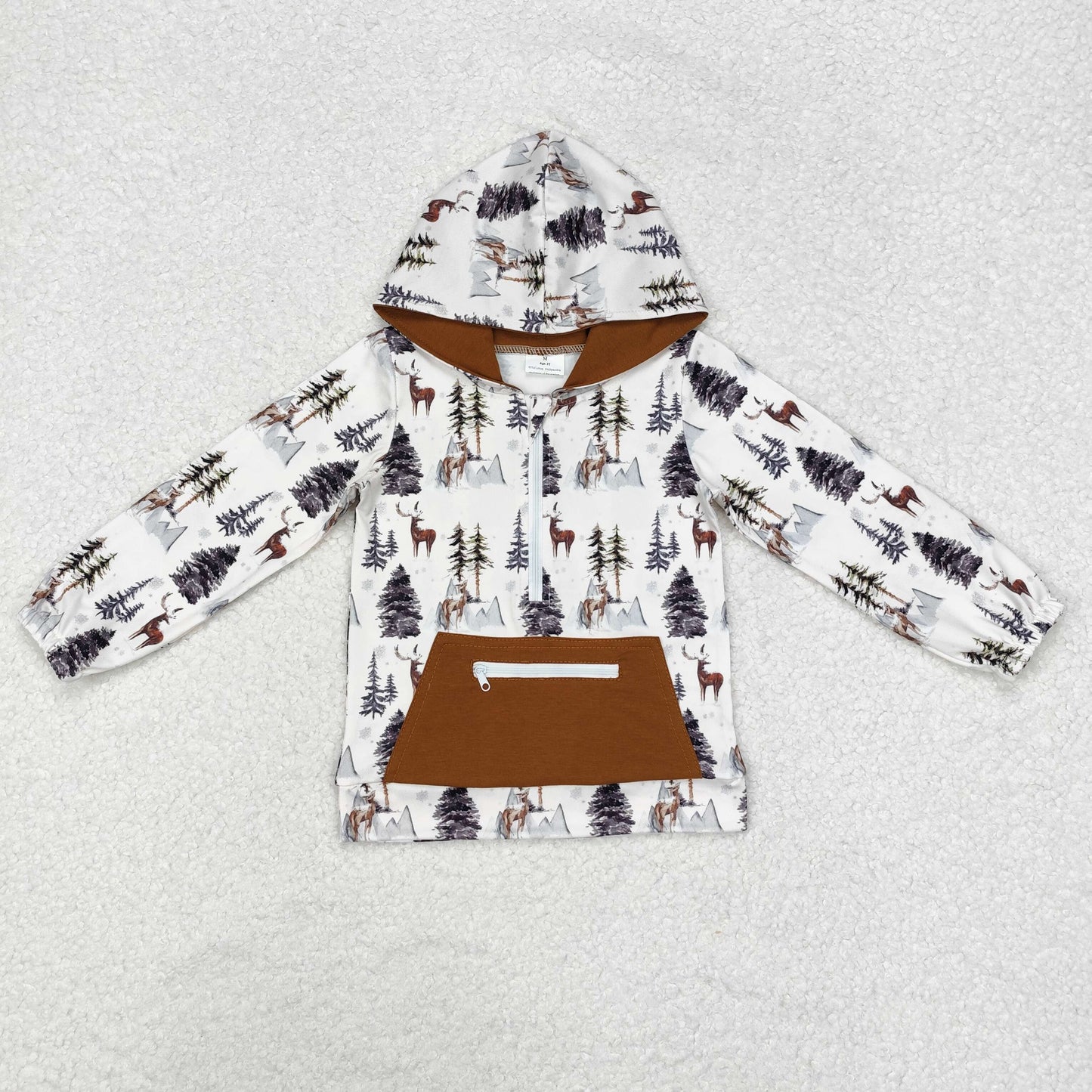 BT0758 Deer Pine Brown Pocket Zip Hooded Long Sleeve Top