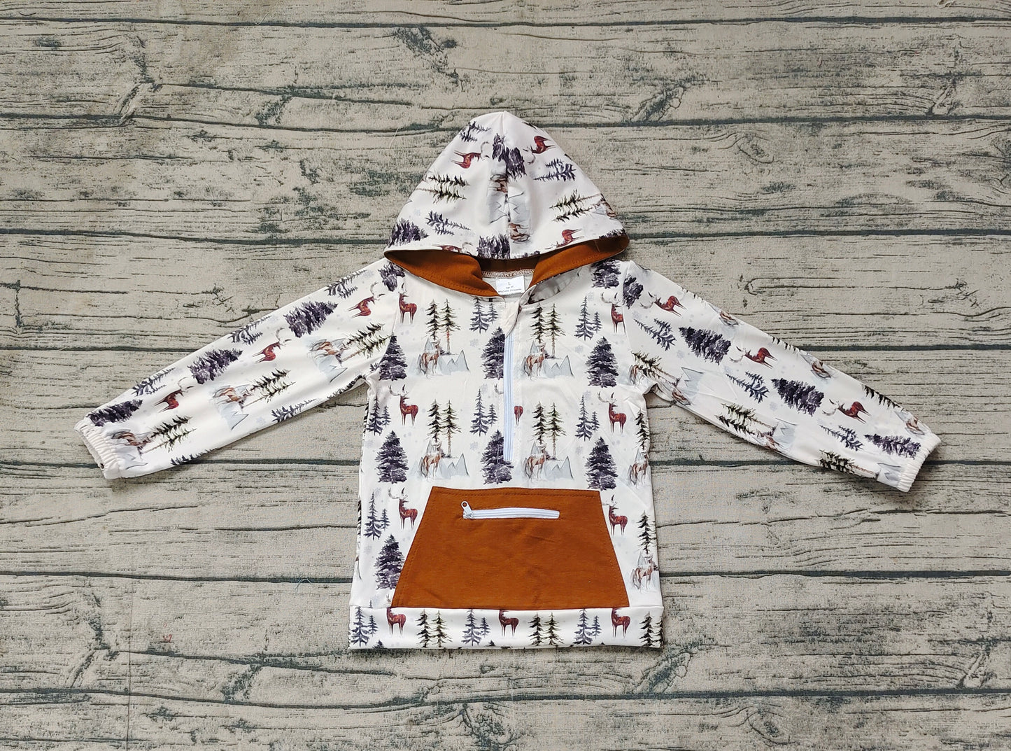 BT0758 Deer Pine Brown Pocket Zip Hooded Long Sleeve Top