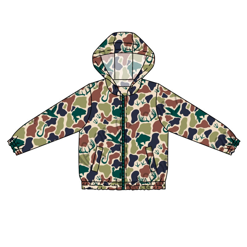 preorder BT0764 Duck Turkey Light Brown Green Zip-Up Hooded Long Sleeve Top