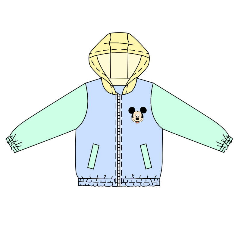 preorder BT0765 Cartoon Yellow Hooded Teal Long Sleeve Zip-Up Top