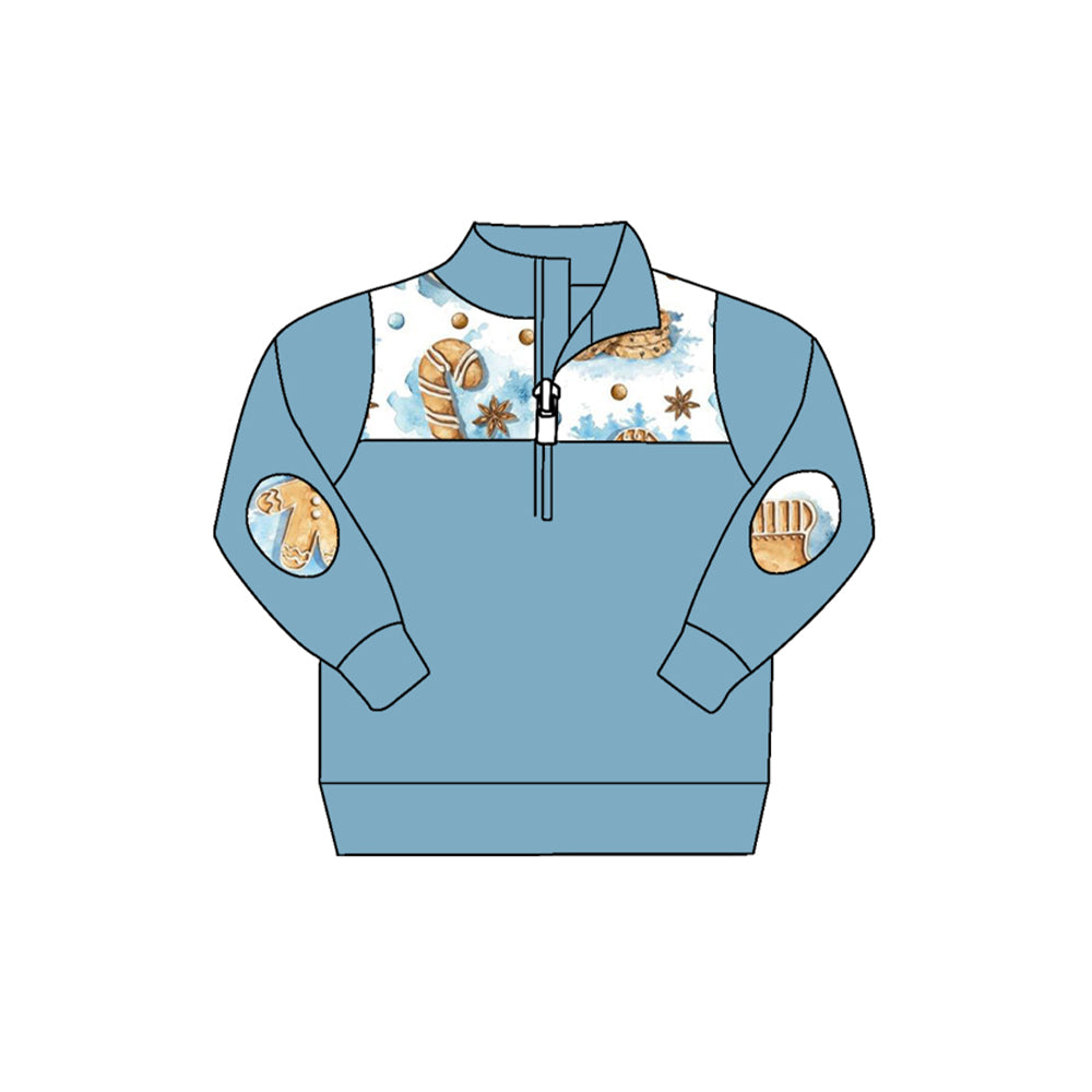 presale BT0785 Gingerbread Man Cookie Pocket Blue and White Zipper Long Sleeve Top