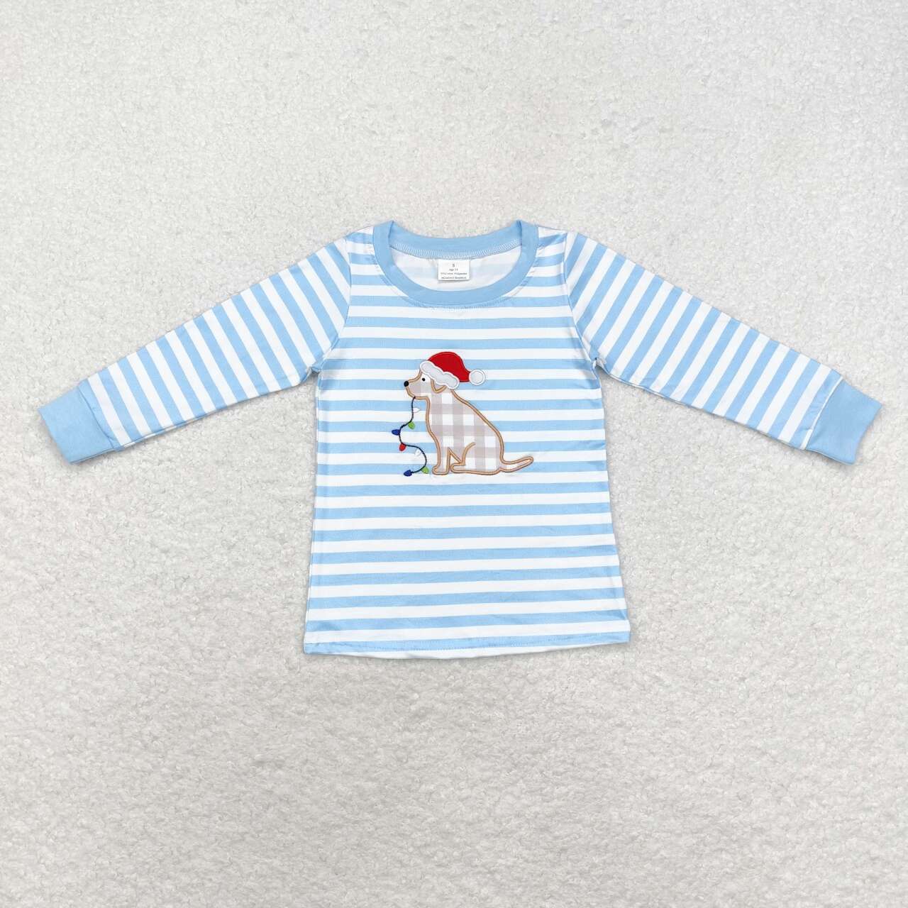 BT0791 Christmas Hat Puppy Light Striped Blue and White Long Sleeve Top