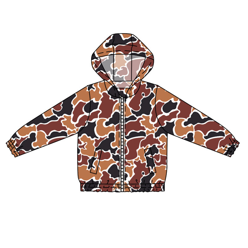 presale BT0794 Brown Camouflage Zip-Up Hooded Long Sleeve Top